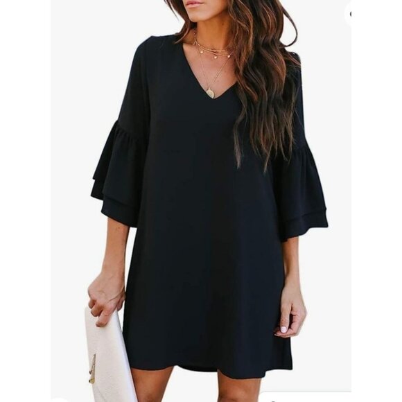 Belongsci Dresses & Skirts - Womens Black Bell Sleeve Shift Small Mini Dress V-Neckline Party Cocktail Sexy